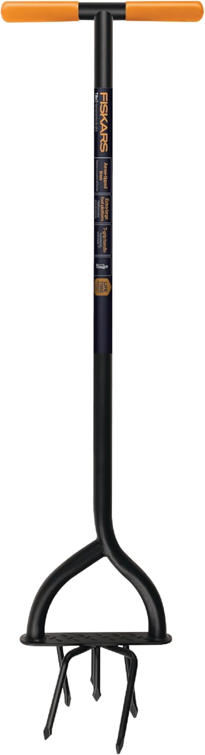 Fiskars Tiller Cultivator for Garden and Lawn, Extendable (40"- 60") Gardening Hand Tool, Telescoping Rotary Hand Cultivator Tool for Soil or Reseeding Grass