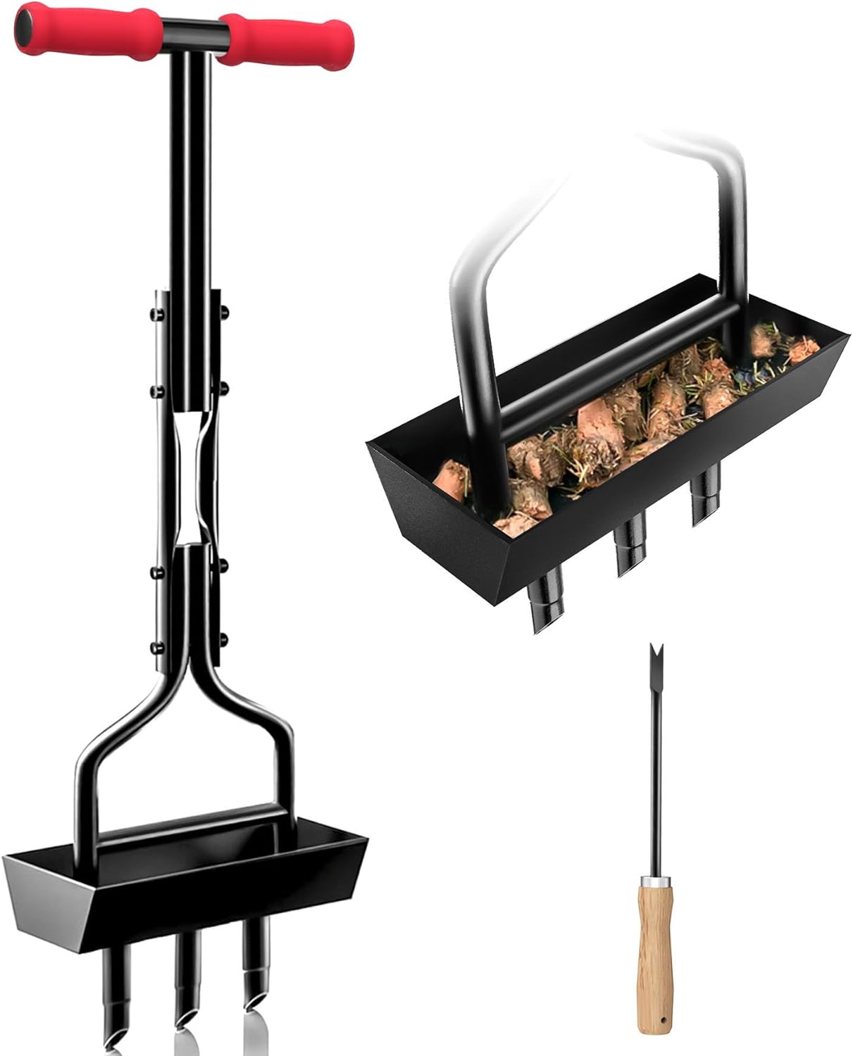 Lawn Aerator Garden Tool with Soil Core Tray, 38” Manual Grass Plug Aerators & A Cleaning Tool, Coring Aeration Tools with 3 Tines for Gardening, Soil Compaction, Lawn Yard Care, Patented Black