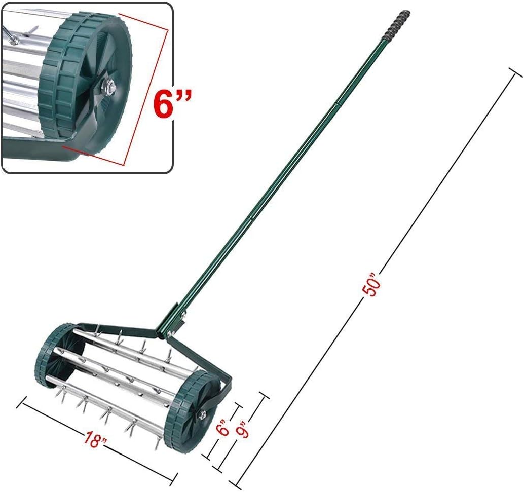 Goplus Rolling Lawn Aerator, 18-Inch Garden Yard Rotary Push Tine Heavy Duty Spike Soil Aeration, Manual Lawn Aeration Tool w/ 41-Inch Handle (Silver)