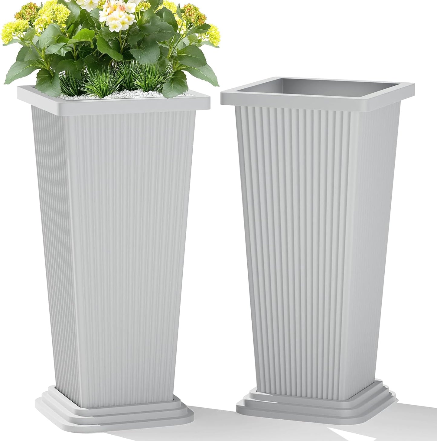 Set of 2 Large Tall Planter for Indoor or Outdoor 24" Tall Flower Pots Tapered Tall Planters with Tray for Porch, Patio, Backyard, Large Planters for Outdoor Indoor Plants(Black)