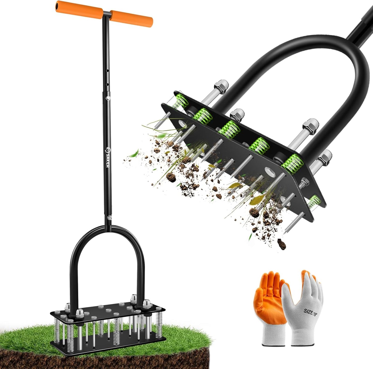 Saker Lawn Aerator Tool, Lawn Aerator with 15 Iron Spikes, Automatic Leaf and Dirt Cleaning with Spring-Loaded Design, Metal Manual Aerator for Loosening Soil Aerating Patio, Yard, Garden Black