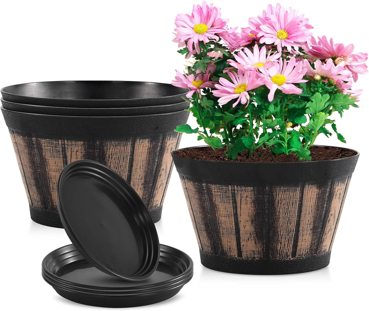 Quarut Plant Pots Set of 4 Pack 12 inch,Large Whiskey Barrel Planters with Drainage Holes & Saucer.Plastic Flower Pots Imitation Wine Barrel Design, for Indoor & Outdoor Garden Home Plants (Brown)