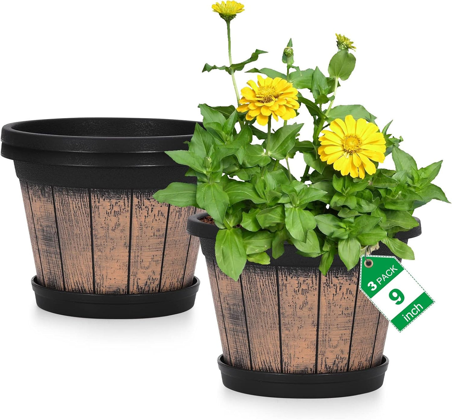 Quarut Plant Pots Set of 4 Pack 12 inch,Large Whiskey Barrel Planters with Drainage Holes & Saucer.Plastic Flower Pots Imitation Wine Barrel Design, for Indoor & Outdoor Garden Home Plants (Brown)