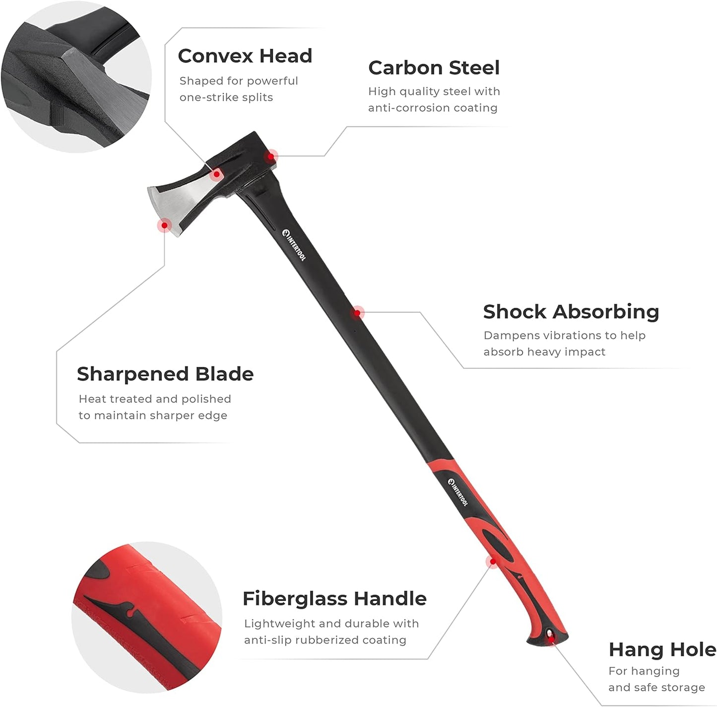 INTERTOOL Log Splitting Maul Axe - 36” Wood Chopping Ax with Rust Resistant Steel, Shock Absorbing Fiberglass Anti-Slip Handle, & Blade Sheath Cover - HT-0275