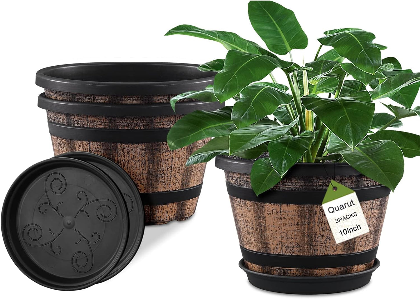 Quarut Plant Pots Set of 4 Pack 12 inch,Large Whiskey Barrel Planters with Drainage Holes & Saucer.Plastic Flower Pots Imitation Wine Barrel Design, for Indoor & Outdoor Garden Home Plants (Brown)
