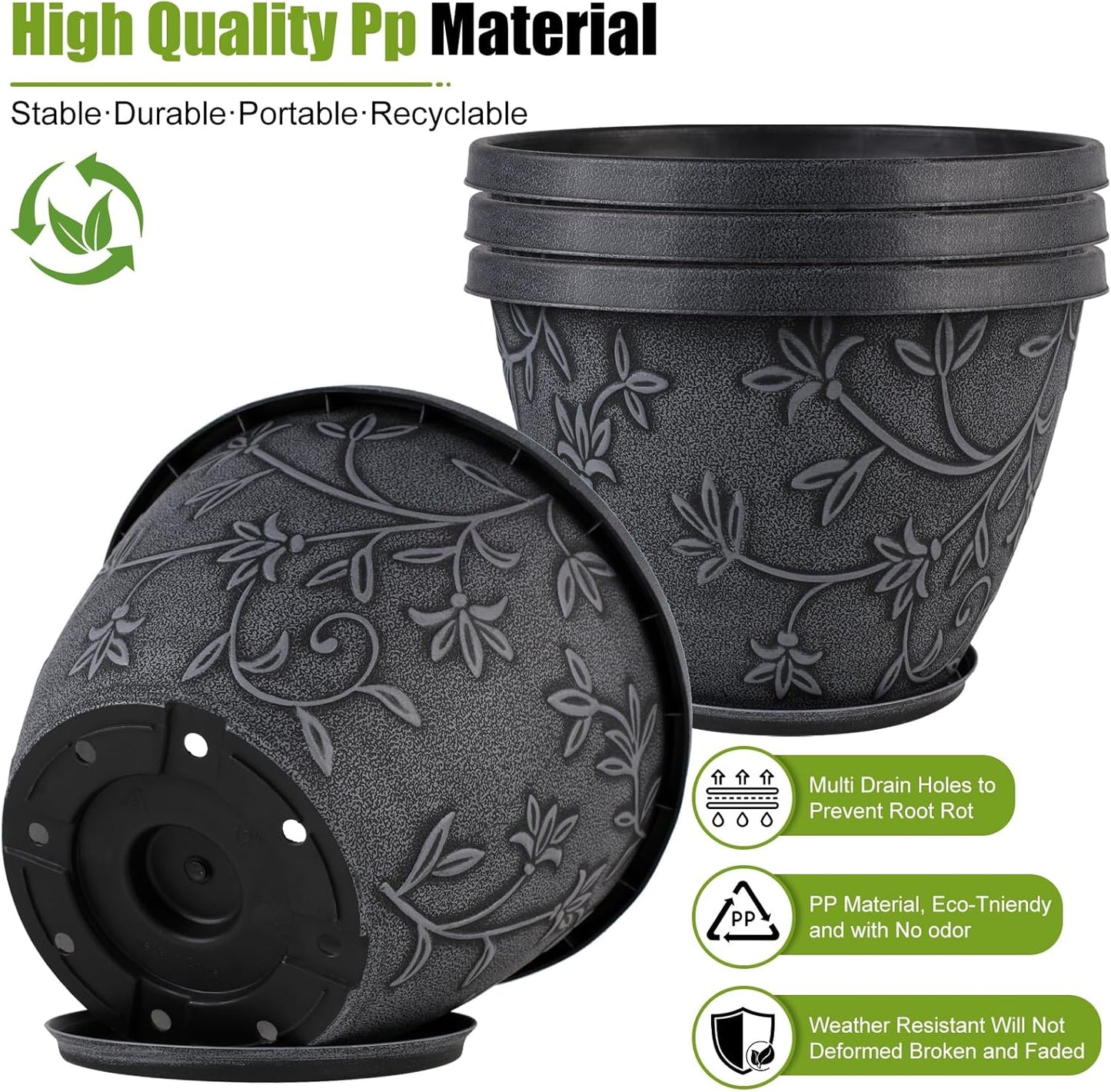 4 Pack 16 Inch Large Plant Pot for Outdoor, Plastic Flower Pot Indoor with Drainage Hole & Saucer, Modern Decorative Garden Pot, Imitation Magnolia Garden Pots for House planters(Gray)