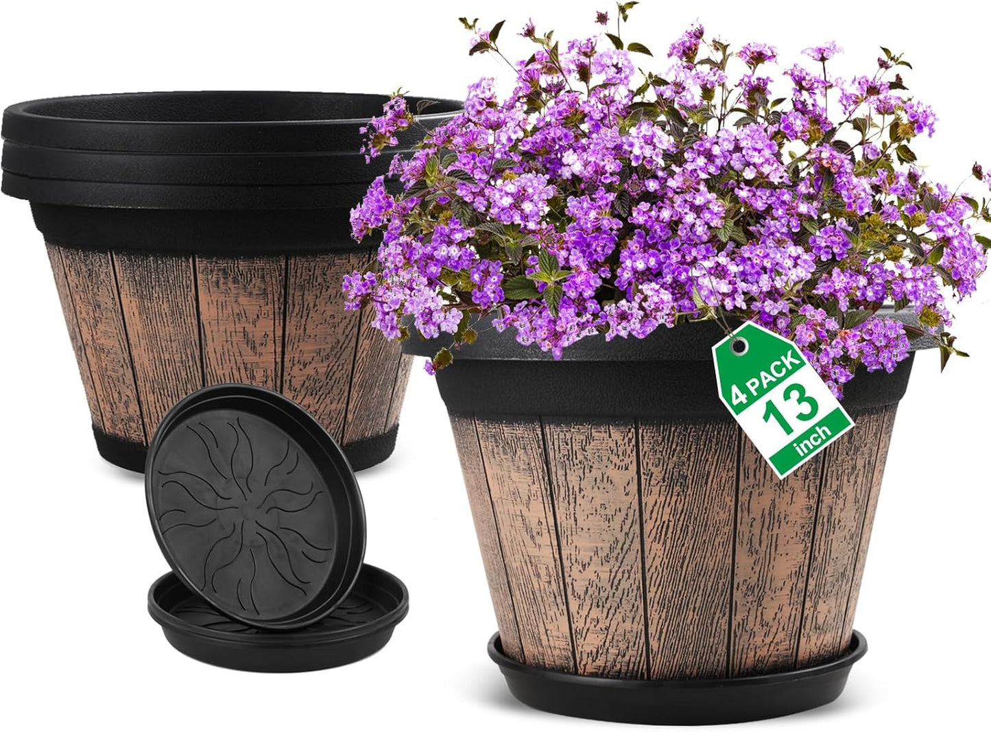 Quarut Plant Pots Set of 4 Pack 12 inch,Large Whiskey Barrel Planters with Drainage Holes & Saucer.Plastic Flower Pots Imitation Wine Barrel Design, for Indoor & Outdoor Garden Home Plants (Brown)