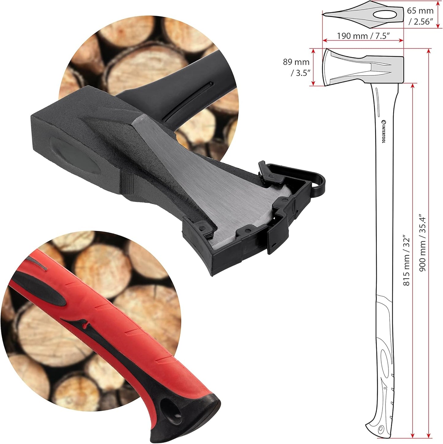INTERTOOL Log Splitting Maul Axe - 36” Wood Chopping Ax with Rust Resistant Steel, Shock Absorbing Fiberglass Anti-Slip Handle, & Blade Sheath Cover - HT-0275