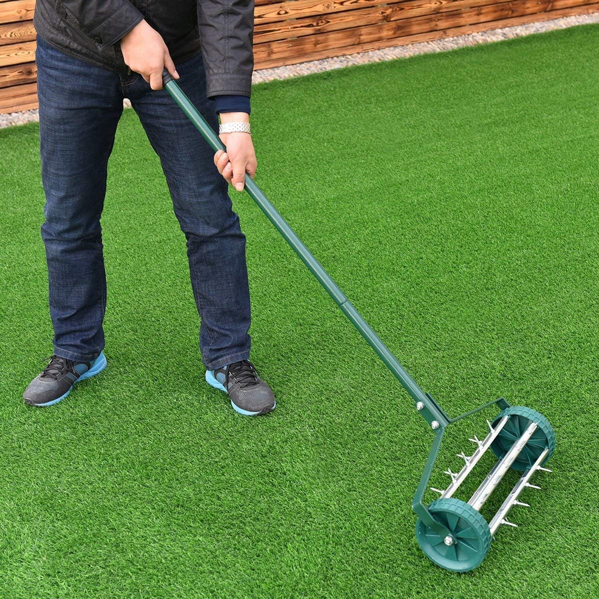 Goplus Rolling Lawn Aerator, 18-Inch Garden Yard Rotary Push Tine Heavy Duty Spike Soil Aeration, Manual Lawn Aeration Tool w/ 41-Inch Handle (Silver)