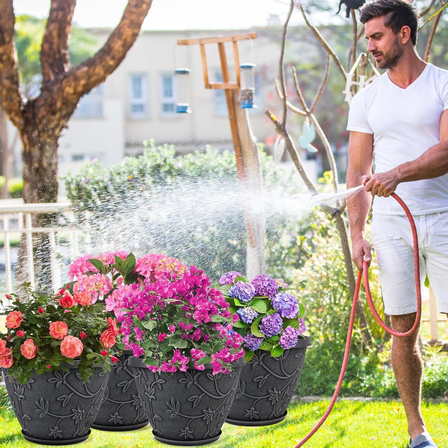 4 Pack 16 Inch Large Plant Pot for Outdoor, Plastic Flower Pot Indoor with Drainage Hole & Saucer, Modern Decorative Garden Pot, Imitation Magnolia Garden Pots for House planters(Gray)