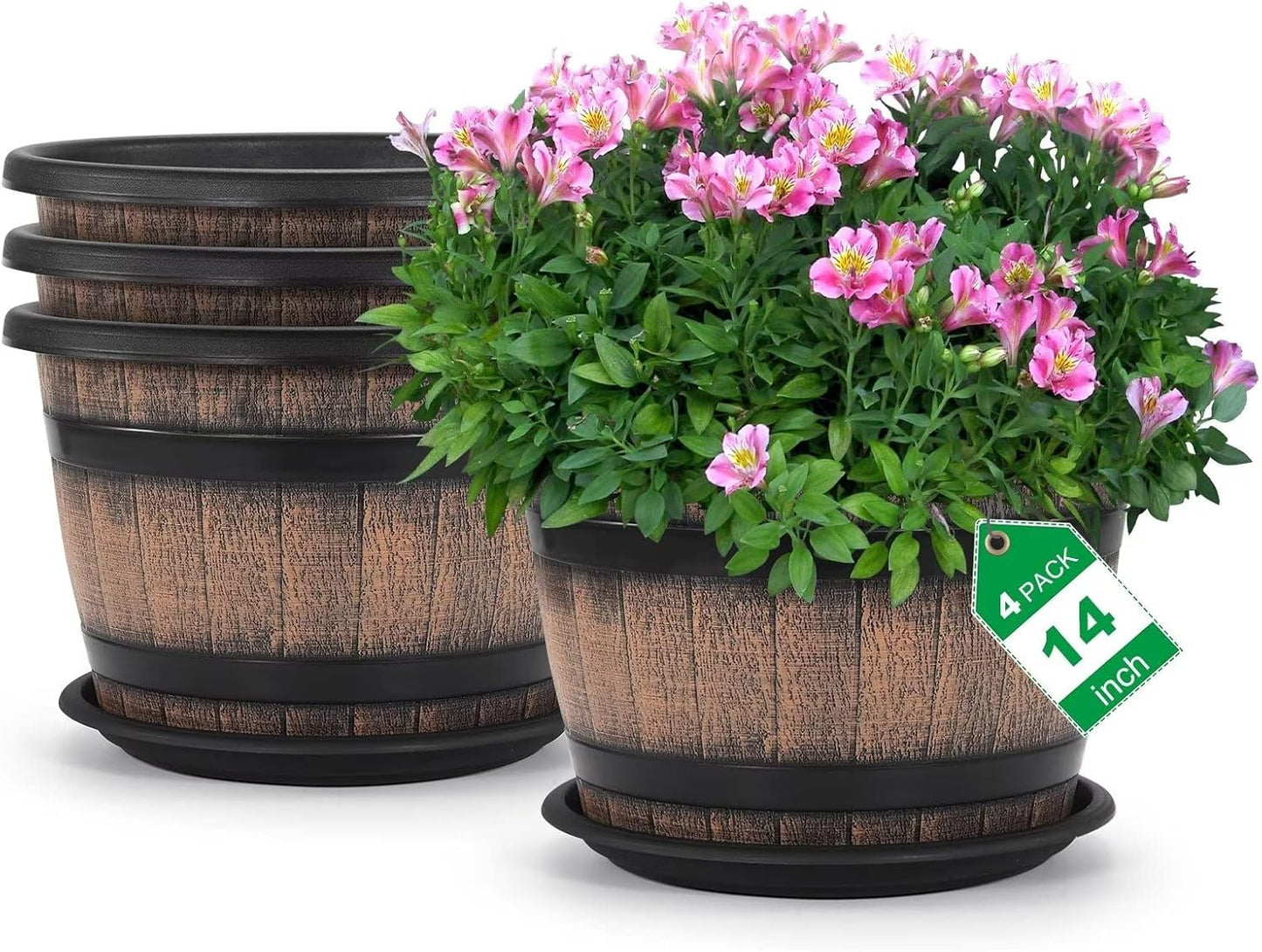 Quarut Plant Pots Set of 4 Pack 12 inch,Large Whiskey Barrel Planters with Drainage Holes & Saucer.Plastic Flower Pots Imitation Wine Barrel Design, for Indoor & Outdoor Garden Home Plants (Brown)