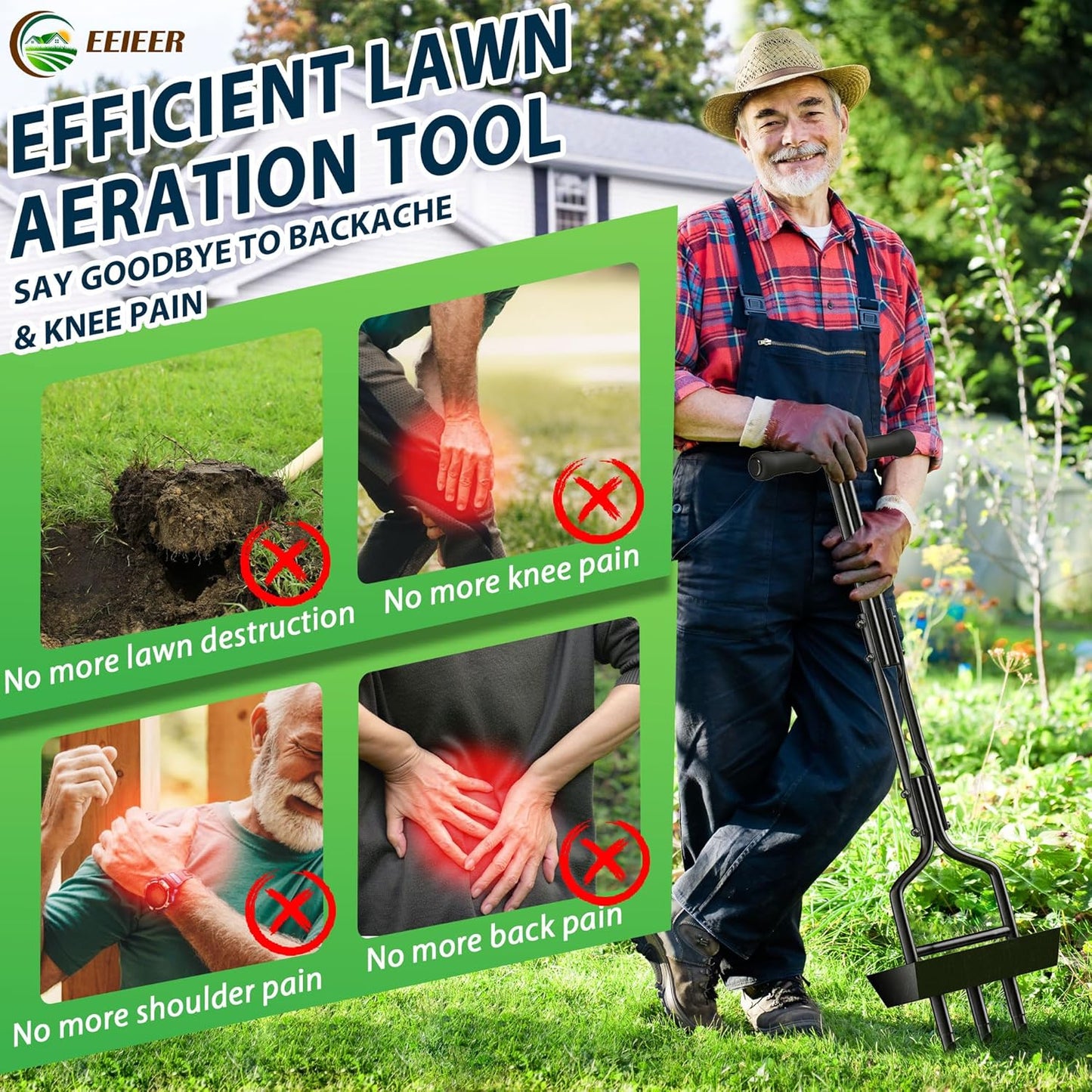 Manual Lawn Aerator Tool with Soil Storage Basket - 2025 Upgraded Aerator Lawn Tool, 3 Tines Yard Aerators with Cleaning Tool, 38’’ Ergonomic Aeration Tools for Compacted Soil & Lawn Care