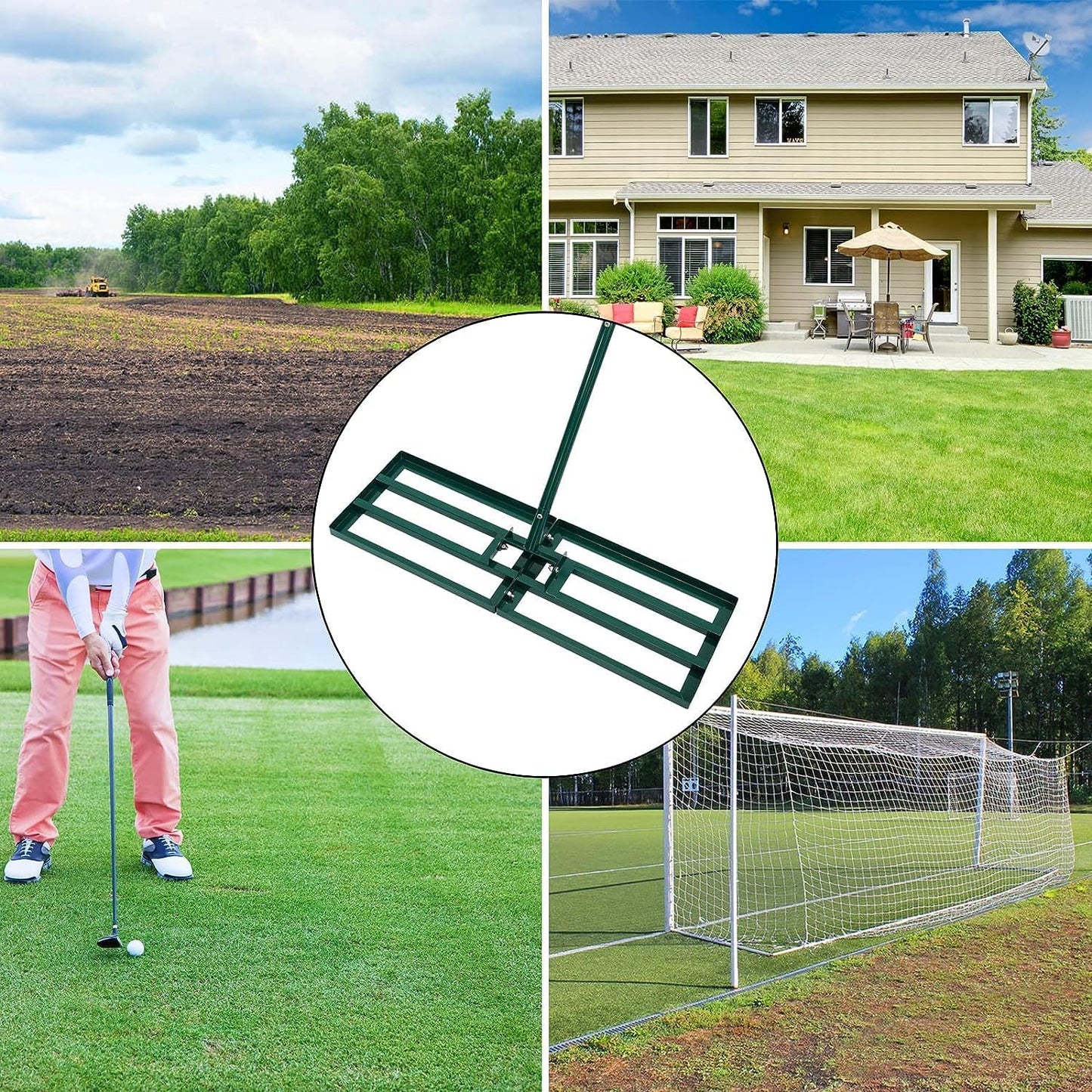 Lawn Leveling Rake,Stainless Steel Lawn Leveler with 30”x10” Ground Plate, 78” Adjustable Long Handle, Level Yard Tool for Grass, Golf Field, Level Soil or Dirt Ground Surfaces-Green