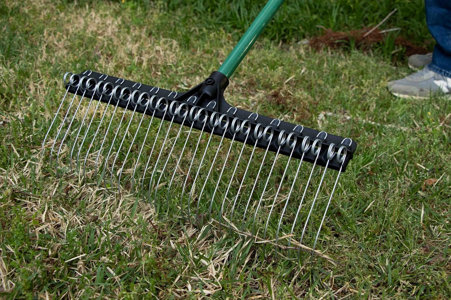 Green Rake 55-inch Lightweight Fiberglass Handle, 21-inch Head, Durable Steel Tines for Gardening, De-Thatching or Professional Landscaping