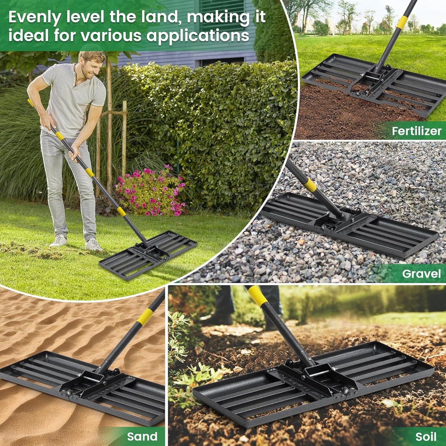 Lawn Leveling Rake-Heavy Duty 30”x10” Foldable Leveler Plate,5FT Adjustable Long Handle,Non Flipping Smooth Edge,Stainless Steel Ground Leveler for Yard,Soil,Gravel,Dirt,Landscaping