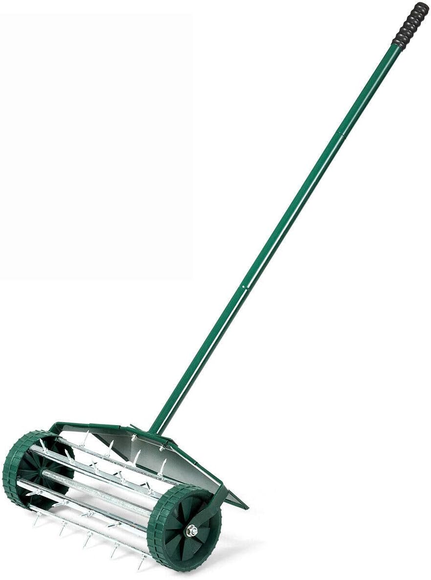 Goplus Rolling Lawn Aerator, 18-Inch Garden Yard Rotary Push Tine Heavy Duty Spike Soil Aeration, Manual Lawn Aeration Tool w/ 41-Inch Handle (Silver)