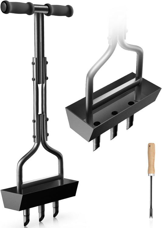 Lawn Aerator Coring Tool with Soil Core Tray, Manual Garden Plug Aerator for Grass Aeration, Yard Aerator & A Cleaning Tool for Compacted Soil, Lawn Care, 38”,Patented, Black Handle