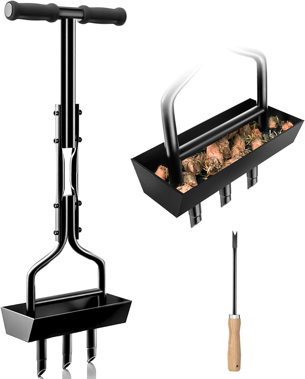 Lawn Aerator Garden Tool with Soil Core Tray, 38” Manual Grass Plug Aerators & A Cleaning Tool, Coring Aeration Tools with 3 Tines for Gardening, Soil Compaction, Lawn Yard Care, Patented Black