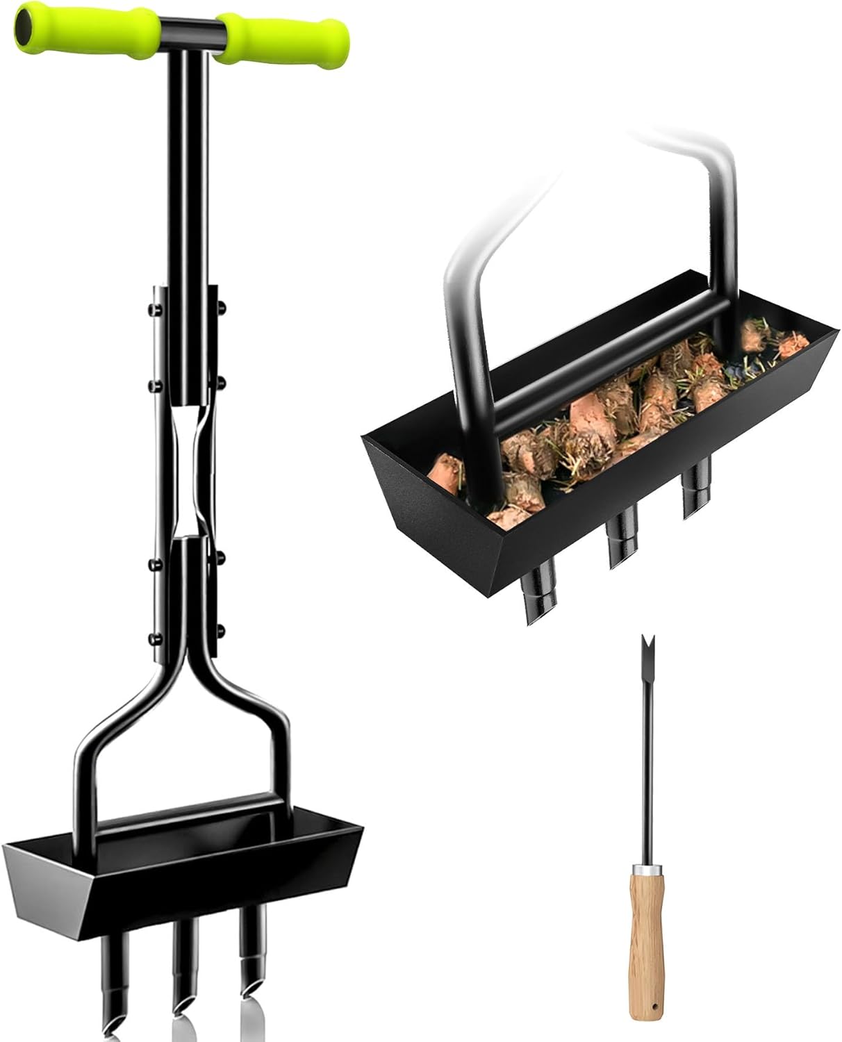 Lawn Aerator Garden Tool with Soil Core Tray, 38” Manual Grass Plug Aerators & A Cleaning Tool, Coring Aeration Tools with 3 Tines for Gardening, Soil Compaction, Lawn Yard Care, Patented Black