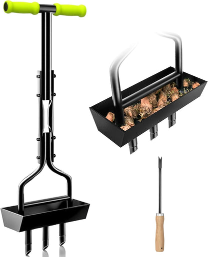 Lawn Aerator Garden Tool with Soil Core Tray, 38” Manual Grass Plug Aerators & A Cleaning Tool, Coring Aeration Tools with 3 Tines for Gardening, Soil Compaction, Lawn Yard Care, Patented Black