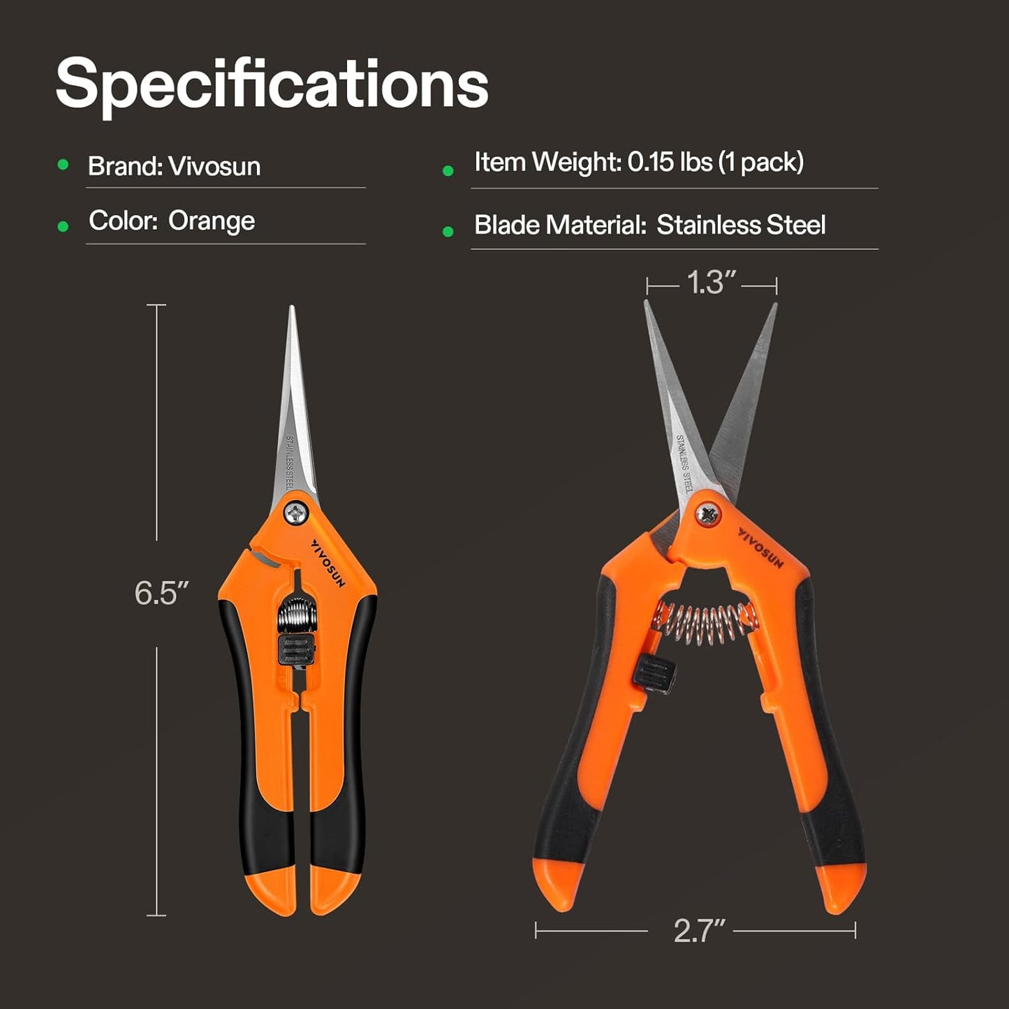 6.5 Inch Gardening Scissors Hand Pruner Pruning Shear with Straight Stainless Steel Blades Orange 1-Pack