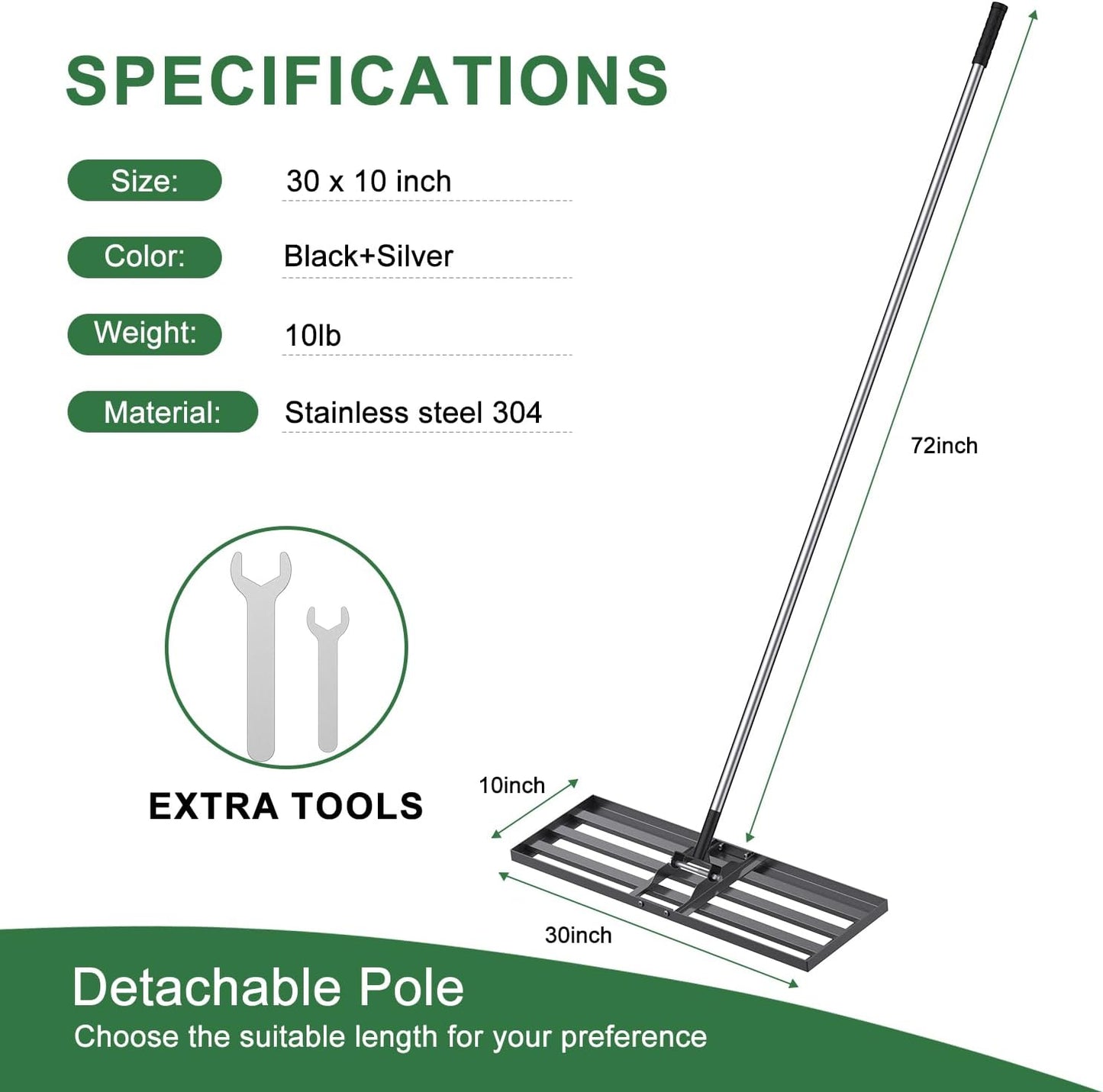 30x10 inch Lawn Leveling Rake, Yumatum 72" Effort Saving Lawn Leveler Tool, Stainless Steel Handle Lawn Leveler for Golf Course Yard Pasture Garden, Professional Lawn Care Landscape Rake
