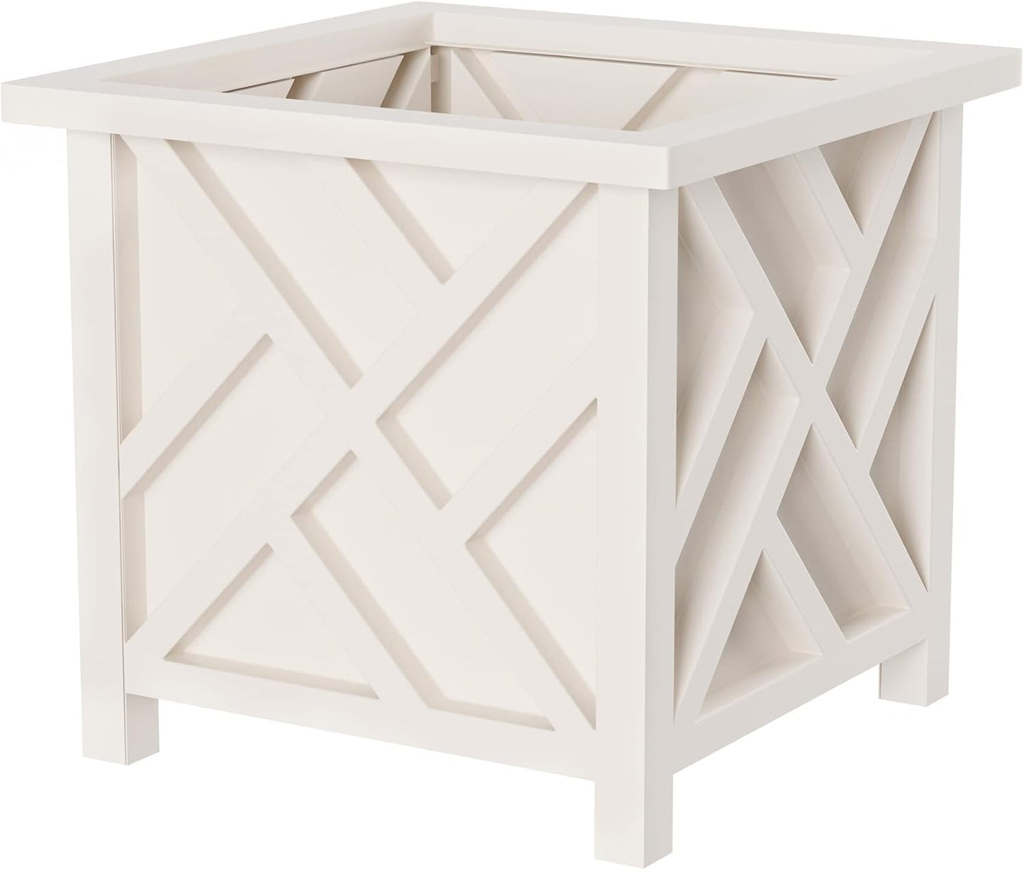 Lattice Design Planter Box 2-Pack – 14.75-Inch Decorative Outdoor Flower or Plant Pots – Front Porch, Patio, and Garden Decor by Pure Garden (White)
