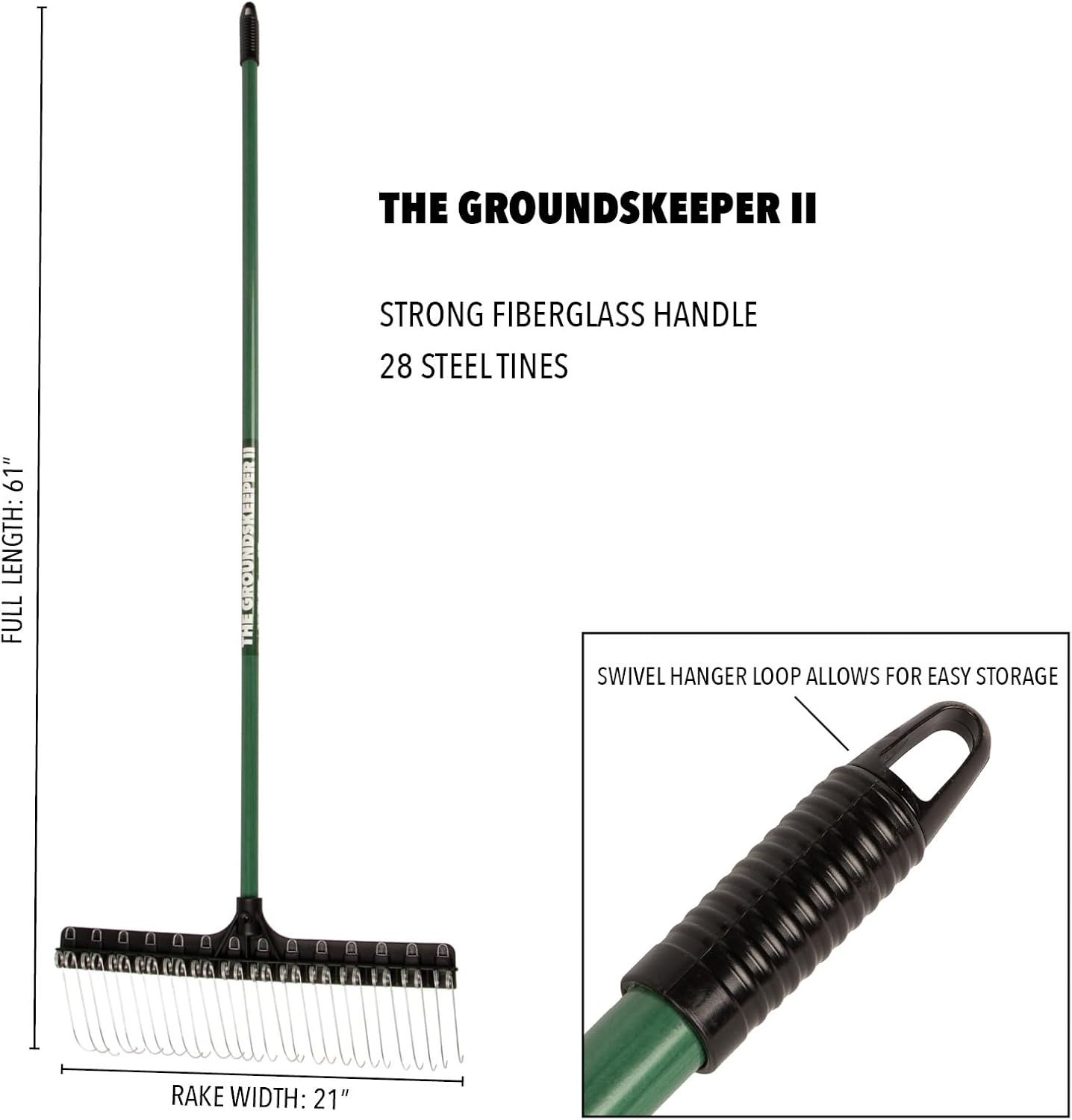 Green Rake 55-inch Lightweight Fiberglass Handle, 21-inch Head, Durable Steel Tines for Gardening, De-Thatching or Professional Landscaping