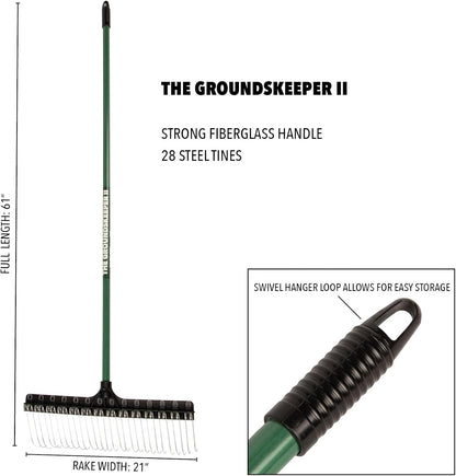 Green Rake 55-inch Lightweight Fiberglass Handle, 21-inch Head, Durable Steel Tines for Gardening, De-Thatching or Professional Landscaping