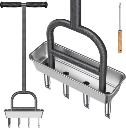 Dolibest Lawn Coring Aerator, Stainless Steel 4 Corer Plug Aerator Tool with Soft Rubber Grip, Manual Grass Aerating Tool, Garden Tool & Cleaning Hand Tool for Loosening Soil and Improving Lawn Health