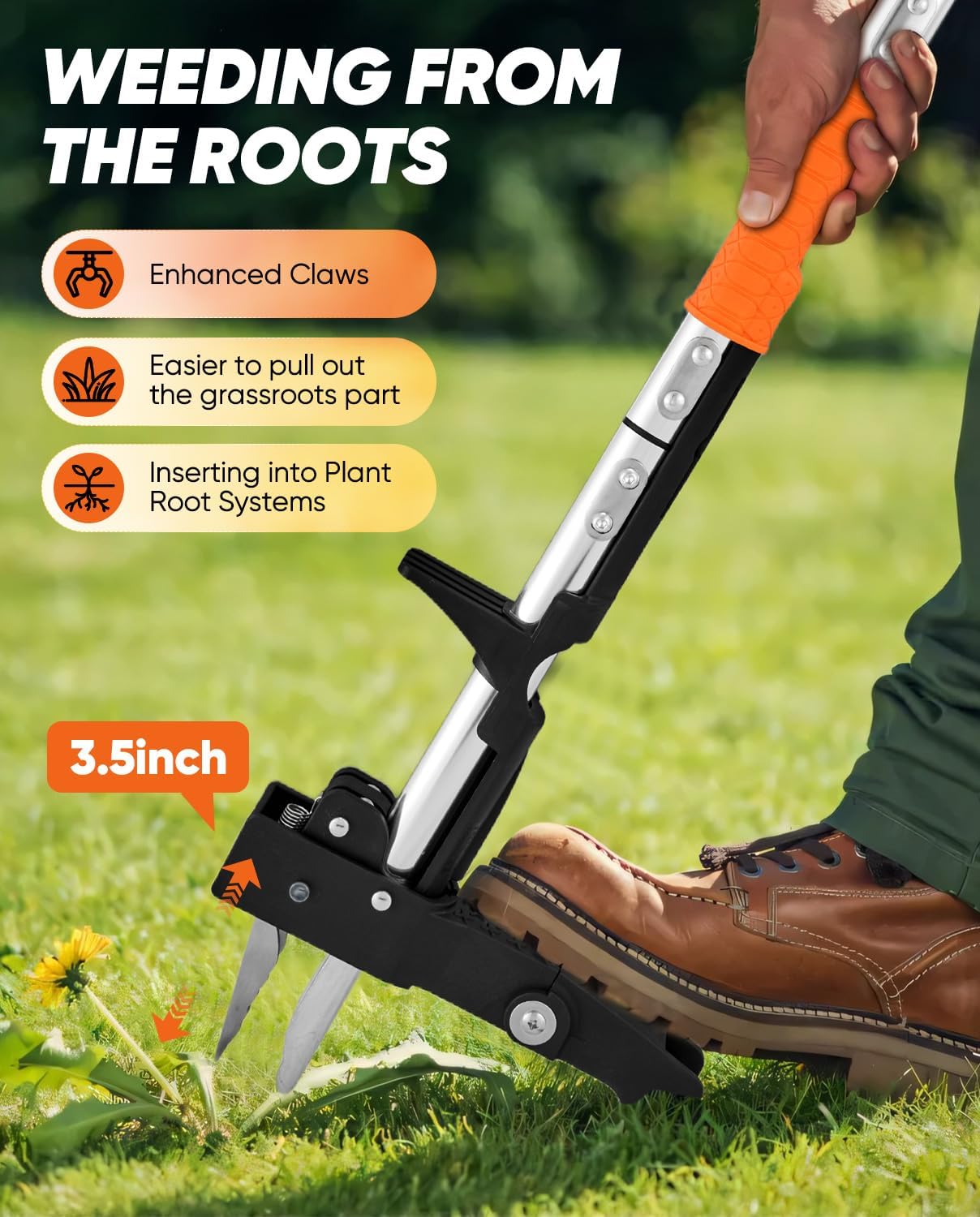 Saker Weed Puller Tool Stand Up Heavy Duty Garden Tool with Long Handle and Stainless Steel Claws for Remove Weeds Without Bending, Pulling, or Kneeling