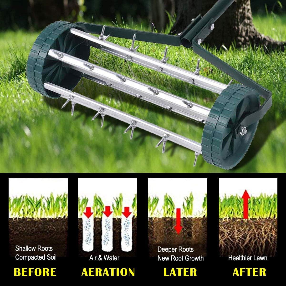 Goplus Rolling Lawn Aerator, 18-Inch Garden Yard Rotary Push Tine Heavy Duty Spike Soil Aeration, Manual Lawn Aeration Tool w/ 41-Inch Handle (Silver)