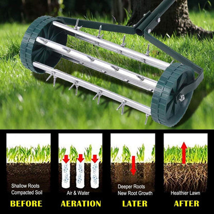Goplus Rolling Lawn Aerator, 18-Inch Garden Yard Rotary Push Tine Heavy Duty Spike Soil Aeration, Manual Lawn Aeration Tool w/ 41-Inch Handle (Silver)