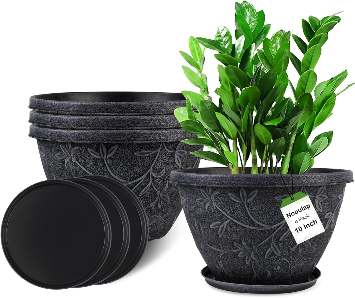 4 Pack 16 Inch Large Plant Pot for Outdoor, Plastic Flower Pot Indoor with Drainage Hole & Saucer, Modern Decorative Garden Pot, Imitation Magnolia Garden Pots for House planters（Gray）