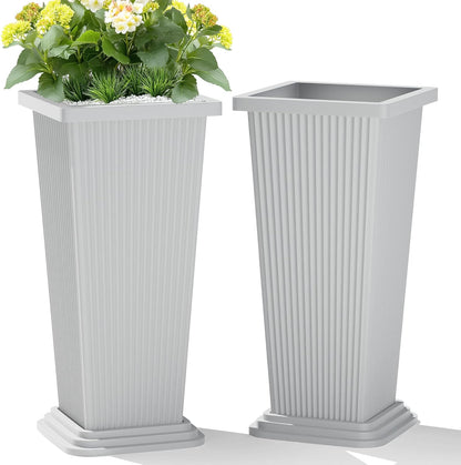 Set of 2 Large Tall Planter for Indoor or Outdoor 24" Tall Flower Pots Tapered Tall Planters with Tray for Porch, Patio, Backyard, Large Planters for Outdoor Indoor Plants(Black)