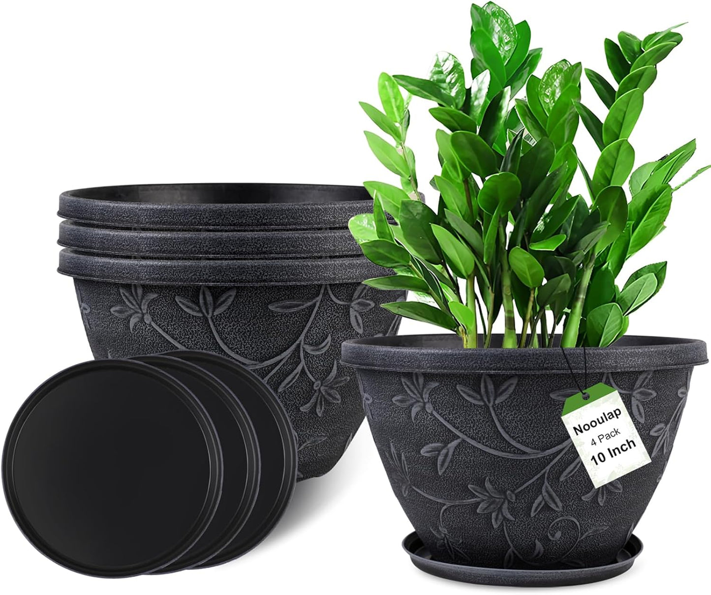 4 Pack 16 Inch Large Plant Pot for Outdoor, Plastic Flower Pot Indoor with Drainage Hole & Saucer, Modern Decorative Garden Pot, Imitation Magnolia Garden Pots for House planters（Gray）