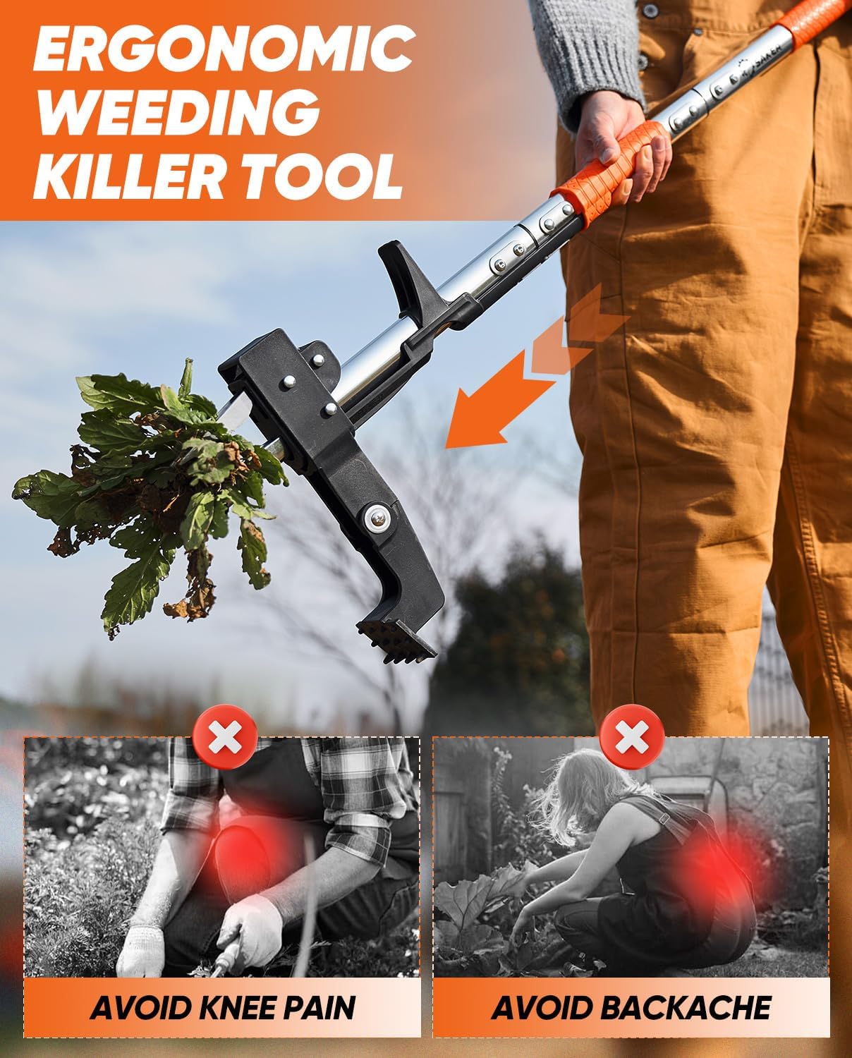 Saker Weed Puller Tool Stand Up Heavy Duty Garden Tool with Long Handle and Stainless Steel Claws for Remove Weeds Without Bending, Pulling, or Kneeling