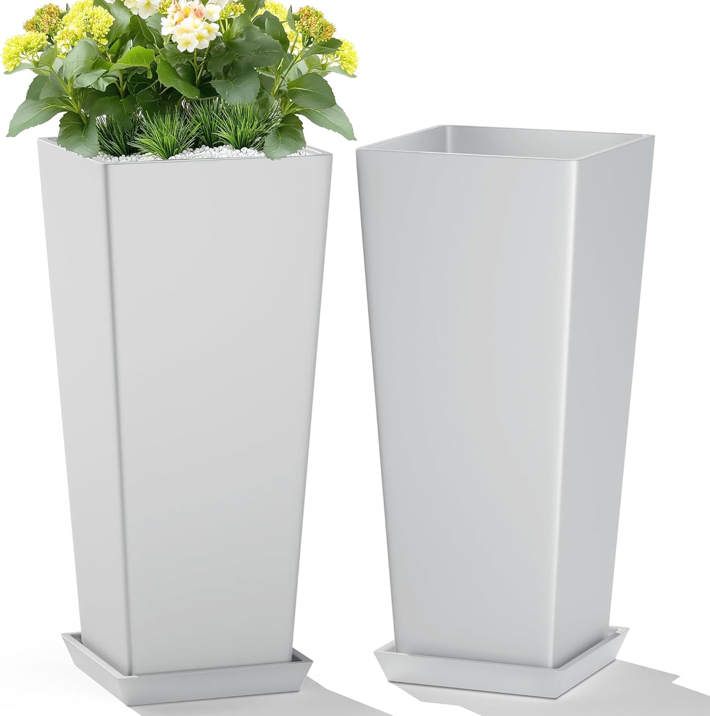 Set of 2 Large Tall Planter for Indoor or Outdoor 24" Tall Flower Pots Tapered Tall Planters with Tray for Porch, Patio, Backyard, Large Planters for Outdoor Indoor Plants(Black)