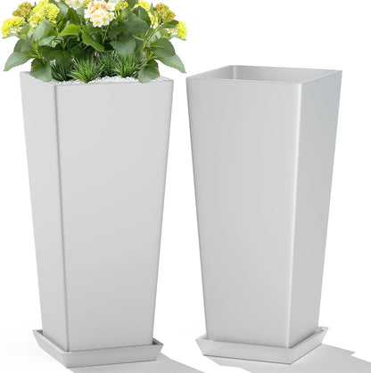 Set of 2 Large Tall Planter for Indoor or Outdoor 24" Tall Flower Pots Tapered Tall Planters with Tray for Porch, Patio, Backyard, Large Planters for Outdoor Indoor Plants(Black)