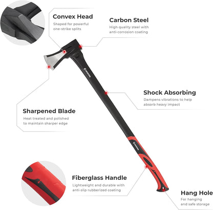 INTERTOOL Log Splitting Maul Axe - 36” Wood Chopping Ax with Rust Resistant Steel, Shock Absorbing Fiberglass Anti-Slip Handle, & Blade Sheath Cover - HT-0275