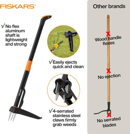 Fiskars 4-Claw Stand Up Weed Puller Tool, Gardening Hand Weeding Tool with 39" Long Ergonomic Handle with Easy-Eject Mechanism