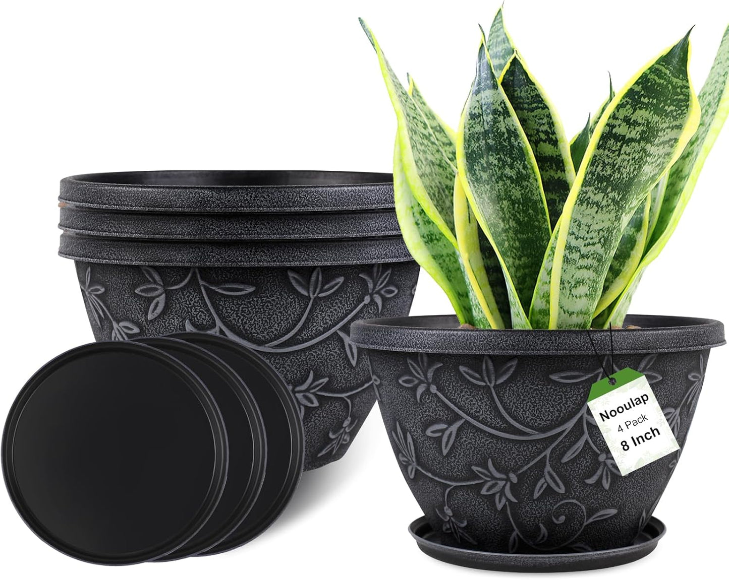 4 Pack 16 Inch Large Plant Pot for Outdoor, Plastic Flower Pot Indoor with Drainage Hole & Saucer, Modern Decorative Garden Pot, Imitation Magnolia Garden Pots for House planters（Gray）