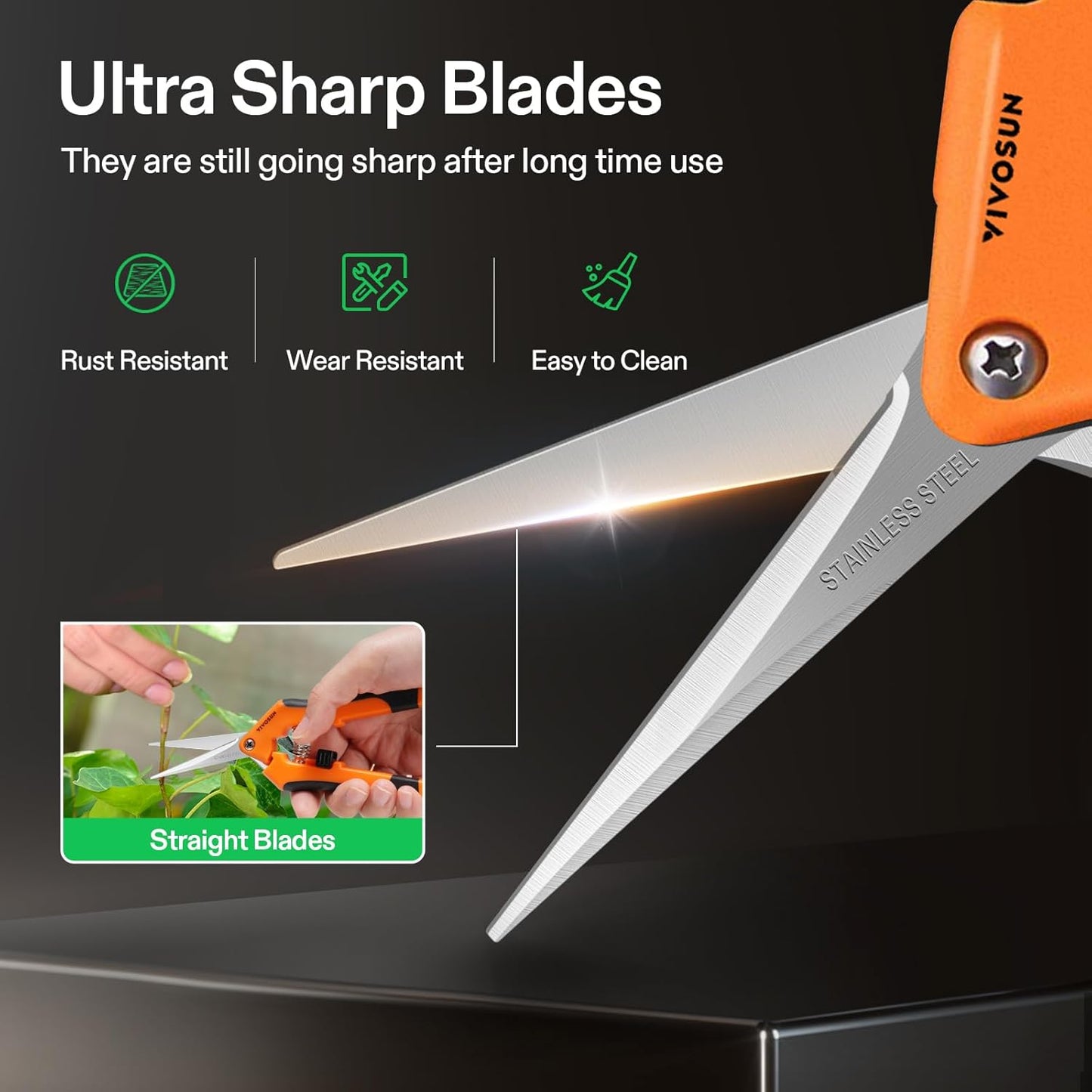 6.5 Inch Gardening Scissors Hand Pruner Pruning Shear with Straight Stainless Steel Blades Orange 1-Pack