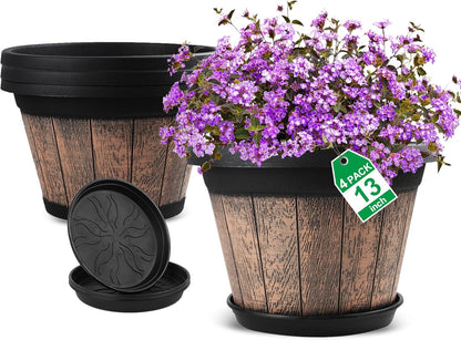 Quarut Plant Pots Set of 4 Pack 12 inch,Large Whiskey Barrel Planters with Drainage Holes & Saucer.Plastic Flower Pots Imitation Wine Barrel Design, for Indoor & Outdoor Garden Home Plants (Brown)