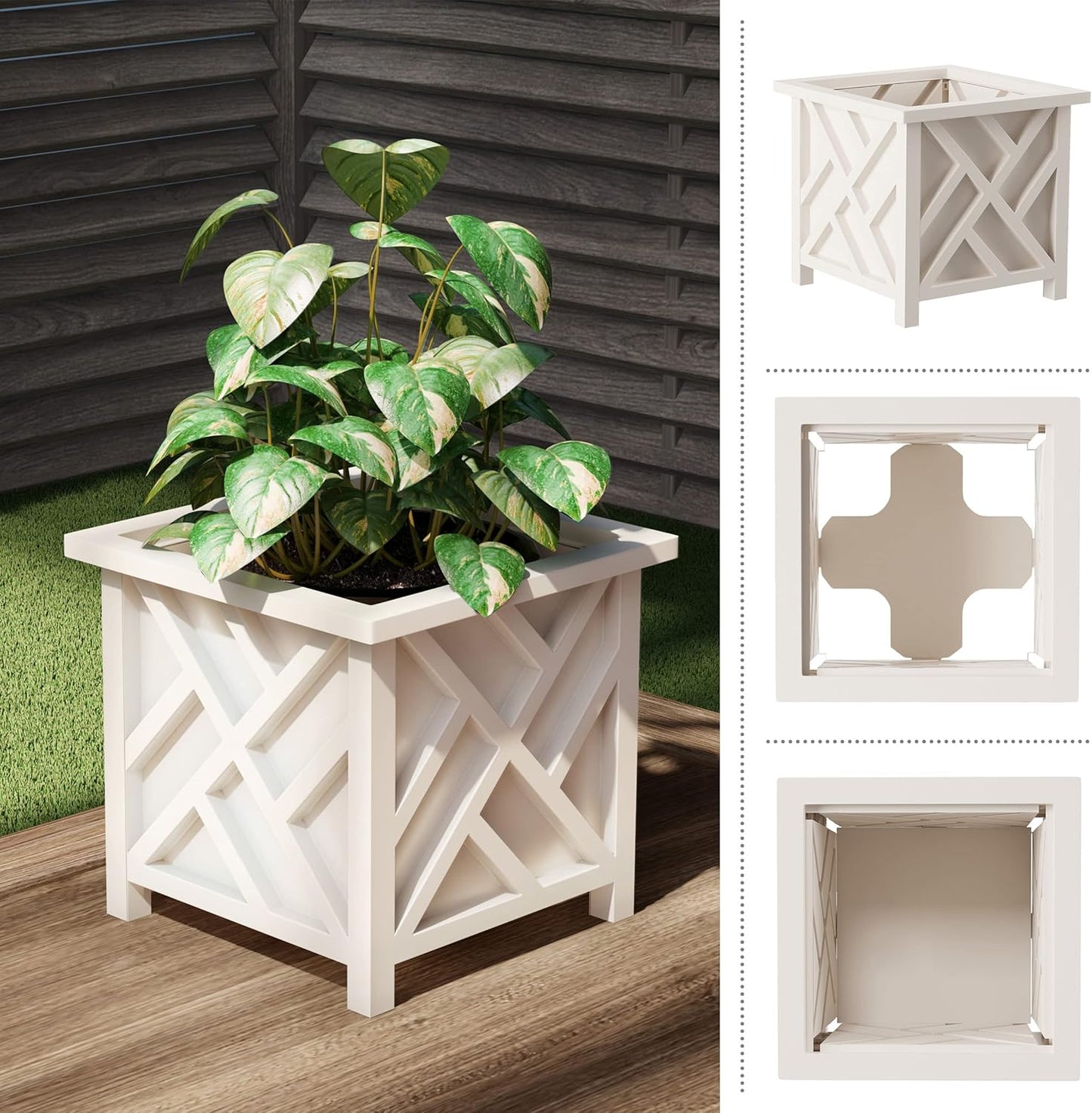 Lattice Design Planter Box 2-Pack – 14.75-Inch Decorative Outdoor Flower or Plant Pots – Front Porch, Patio, and Garden Decor by Pure Garden (White)