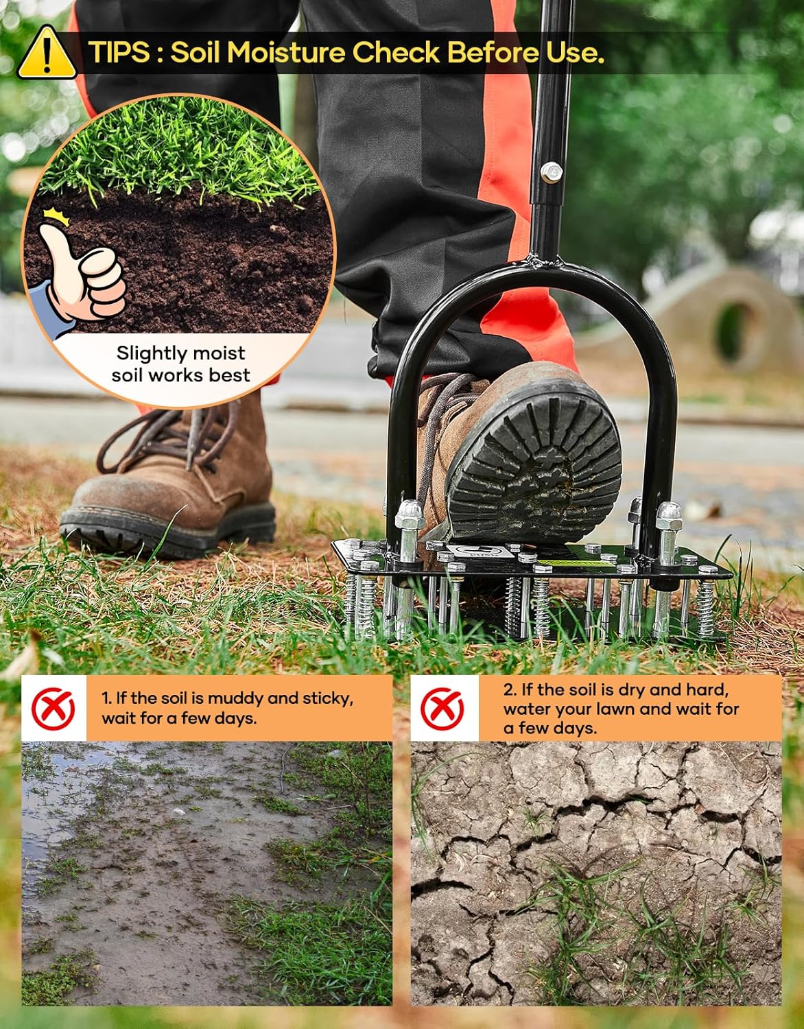 Lawn Aerator Tool, Manual Metal Spike Aerator Lawn Tool with Spring Base, Automatic Leaf and Dirt Cleaning, Grass Aerator for Lawn Care, Soil Loosening, Yard Aerating, Garden Tool