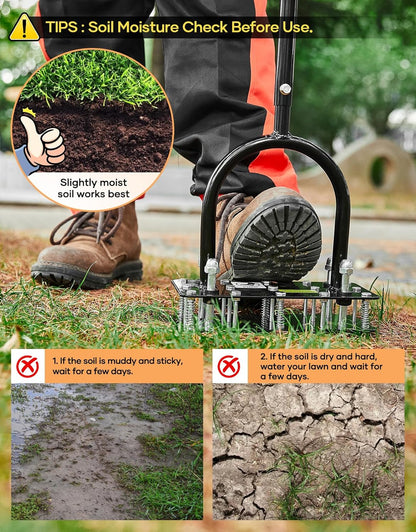 Lawn Aerator Tool, Manual Metal Spike Aerator Lawn Tool with Spring Base, Automatic Leaf and Dirt Cleaning, Grass Aerator for Lawn Care, Soil Loosening, Yard Aerating, Garden Tool