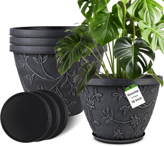4 Pack 16 Inch Large Plant Pot for Outdoor, Plastic Flower Pot Indoor with Drainage Hole & Saucer, Modern Decorative Garden Pot, Imitation Magnolia Garden Pots for House planters（Gray）