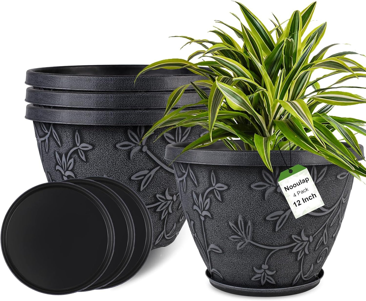 4 Pack 16 Inch Large Plant Pot for Outdoor, Plastic Flower Pot Indoor with Drainage Hole & Saucer, Modern Decorative Garden Pot, Imitation Magnolia Garden Pots for House planters（Gray）