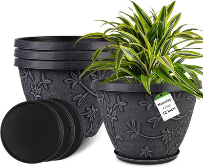 4 Pack 16 Inch Large Plant Pot for Outdoor, Plastic Flower Pot Indoor with Drainage Hole & Saucer, Modern Decorative Garden Pot, Imitation Magnolia Garden Pots for House planters（Gray）